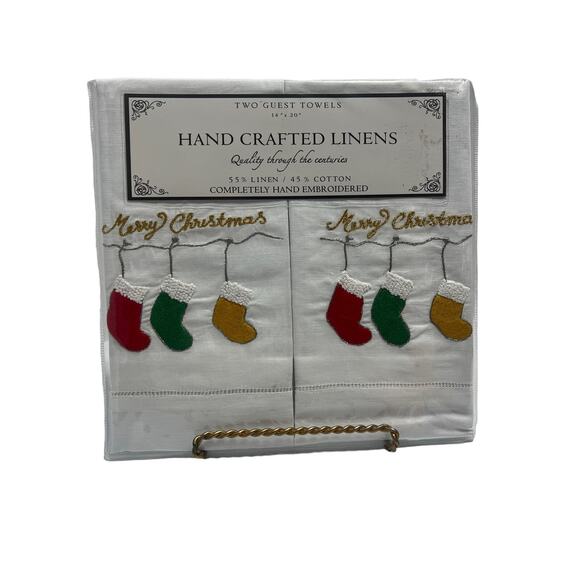 Hand Embroidered Christmas Linen Guest Towels - Picture 1 of 5